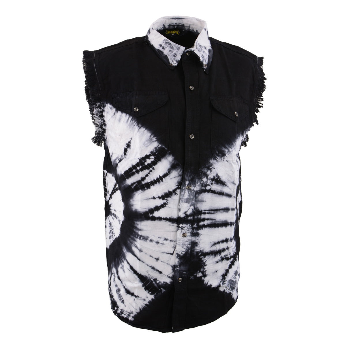 Biker Clothing Co. MDM11679 Men's Classic Black and White Tie-Dye Button-Down Frayed Sleeveless Cut Off Shirt