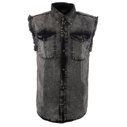 Milwaukee Leather MNG11683 Men’s Classic Beige/Black Button-Down Cut Off Frayed Sleeveless Casual Shirt