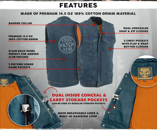 Milwaukee Leather MDM3000 Men's 'Brute' Concealed Snap Black Denim Club Style Vest w/ Hidden Zipper