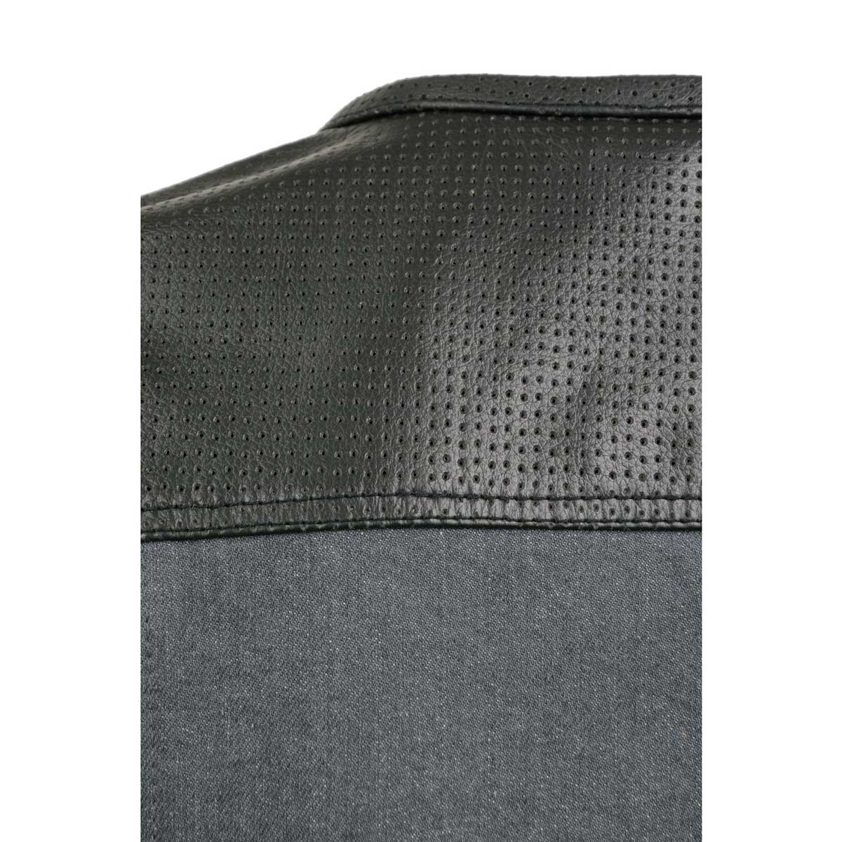 Milwaukee Leather MDM3005 Men's Brute Grey Denim w/ Black Perforated Leather Club Style Vest w/ Hidden Dual Closure