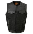 Milwaukee Leather MDM3008 Men's 'Brute' Black Perforated Leather and Denim Club Style Vest w/ Hidden Dual Closure