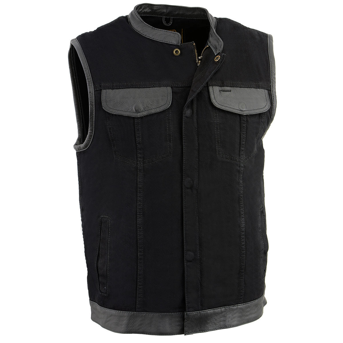 Milwaukee Leather MDM3010 Men's Black Denim Club Style Vest with Leather Trim and Hidden Zipper