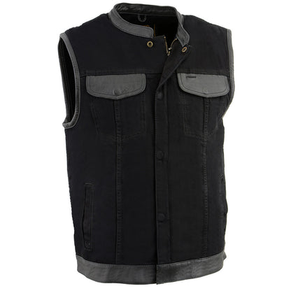 Milwaukee Leather MDM3010 Men's Black Denim Club Style Vest with Leather Trim and Hidden Zipper