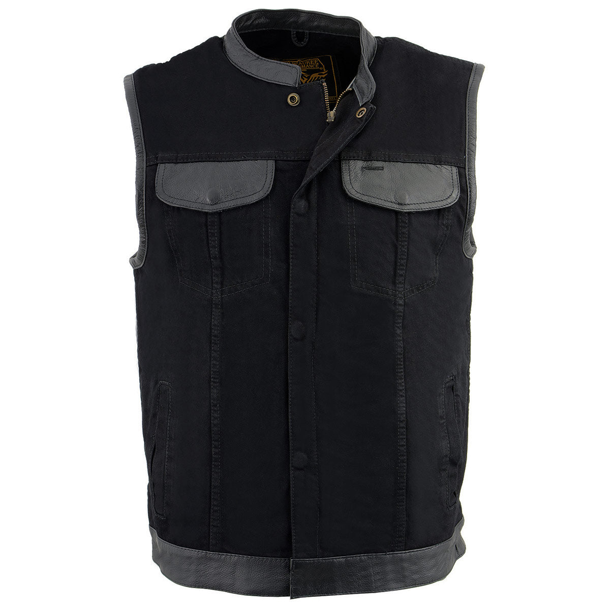 Milwaukee Leather MDM3010 Men's Black Denim Club Style Vest with Leather Trim and Hidden Zipper
