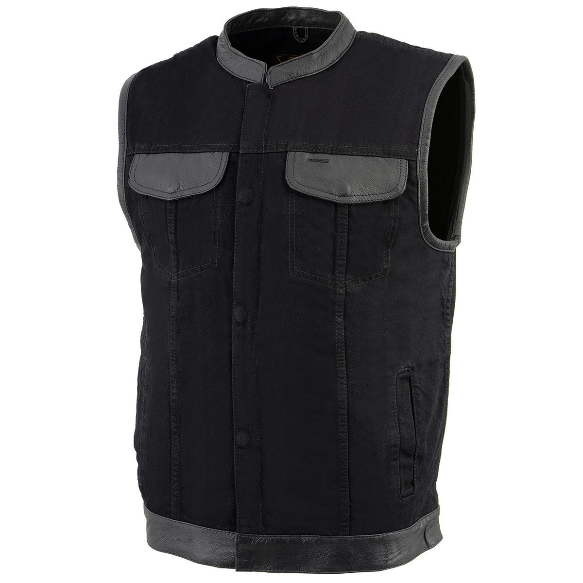 Milwaukee Leather MDM3010 Men's Black Denim Club Style Vest with Leather Trim and Hidden Zipper