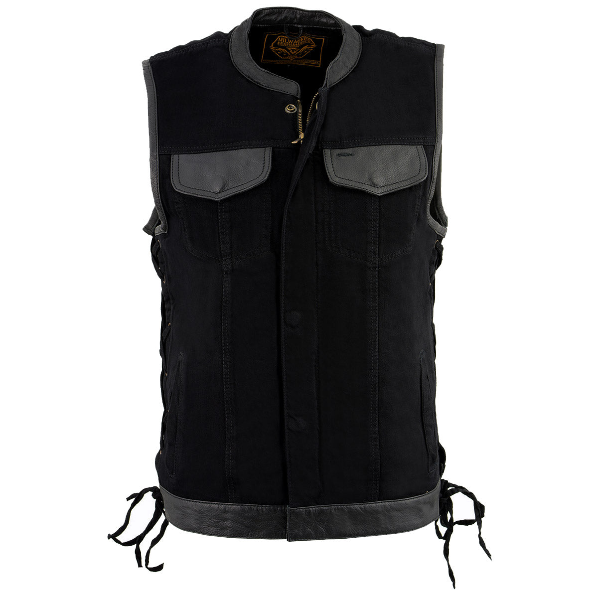 Milwaukee Leather MDM3011 Men's Black 'Hidden Zipper' Side Lace Motorcycle Rider Denim Vest w/ Leather Trim