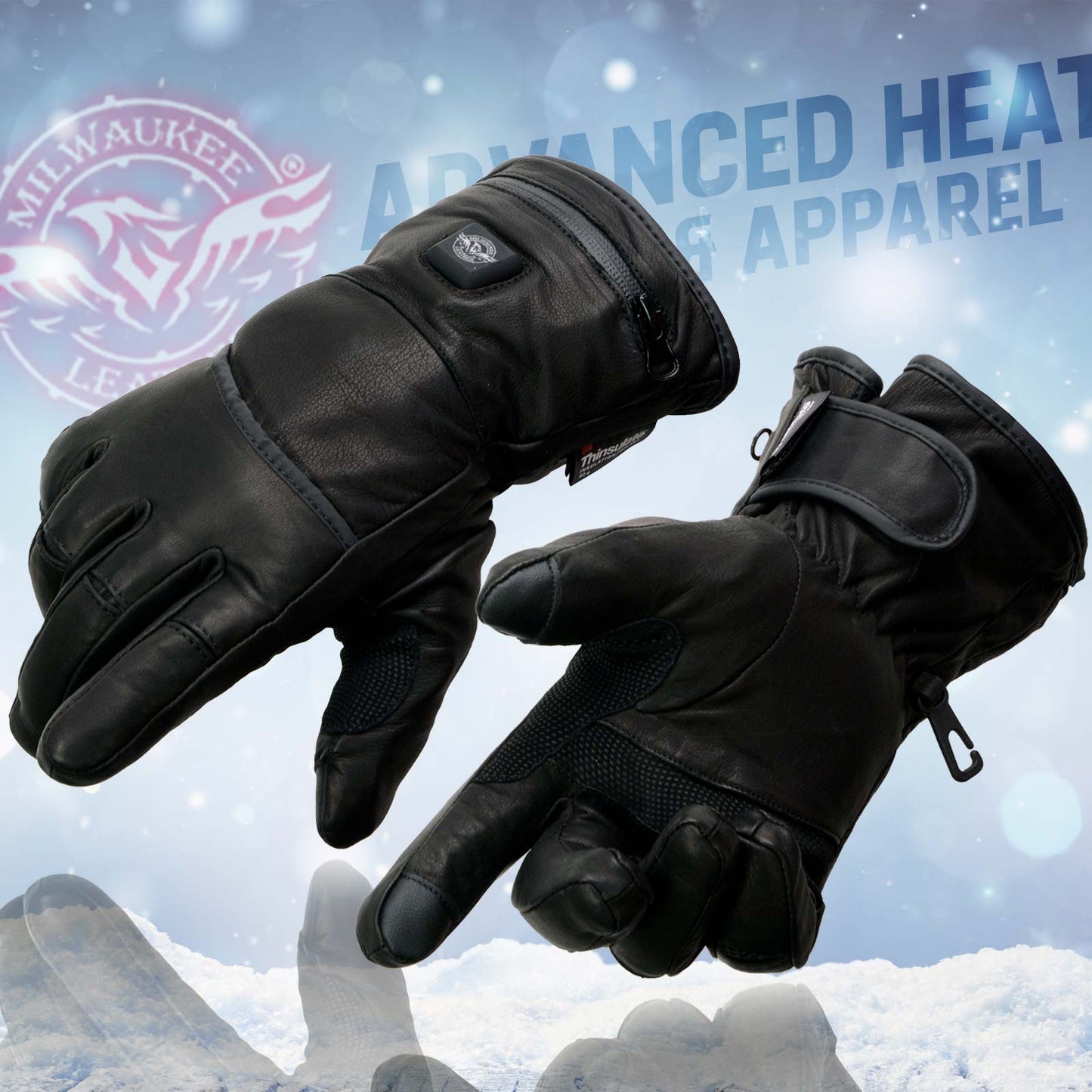 Milwaukee Leather MG7713SET Women's Heated Black Leather Winter Gloves w/ Battery Pack-Wire Harness and i-Touch