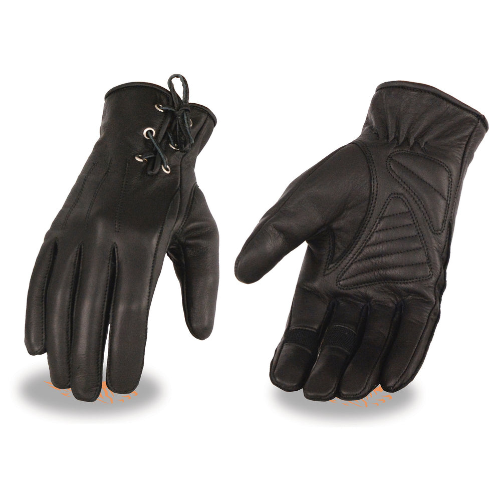 Milwaukee Leather MG7770 Women's Black Leather ’I - Touchscreen Compatible’ Laced Wrist Motorcycle Hand Gloves W/ Gel Palm