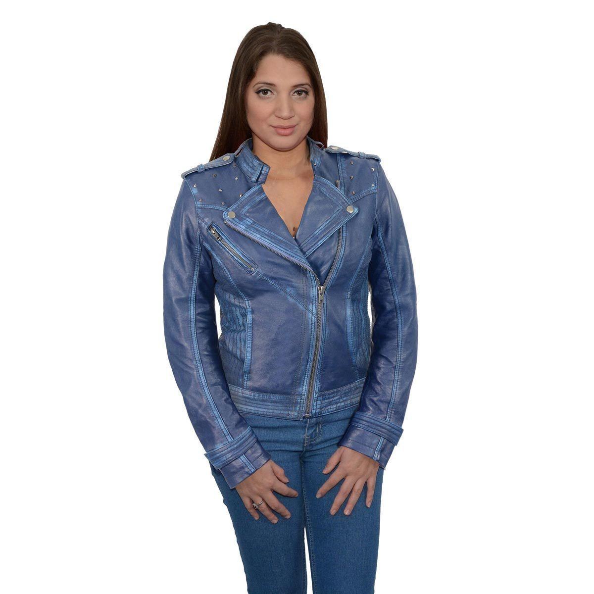 Milwaukee Leather SFL2840 Women's Maiden Royal Blue Premium Sheepskin Motorcycle Fashion Leather Jacket with Studs