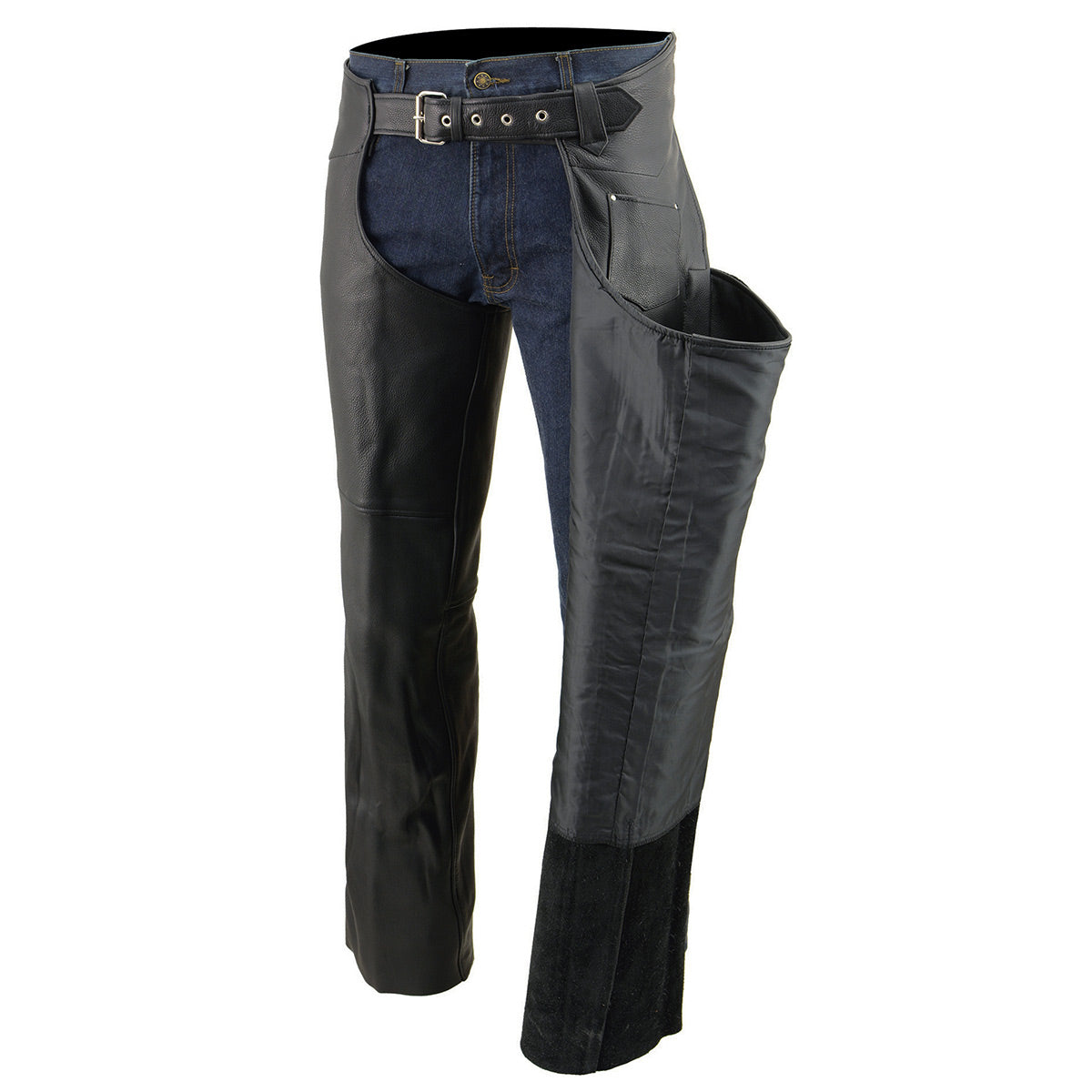 Milwaukee Leather Men's Black Premium Leather Fully Lined Motorcycle Chaps w/ Front Coin Pocket ML1115