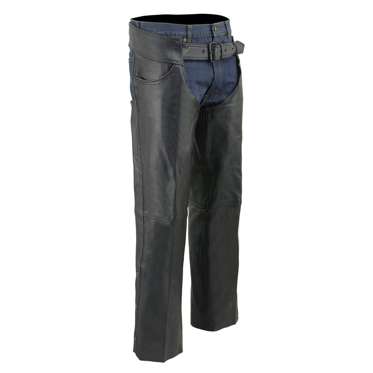 Milwaukee Leather ML1125 Men's Black Braided Naked Soft Leather Chaps - Jean Style Over Pants for Motorcycle Riders