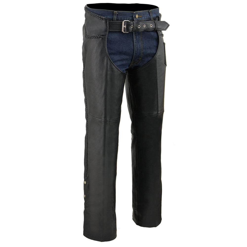 Milwaukee Leather ML1135 Men's Black Thick Braided Naked Soft Leather Chaps- Classic Over Pant for Motorcycle Rider