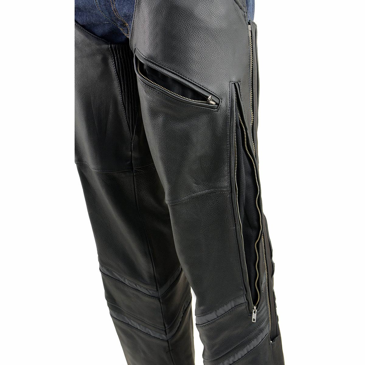 Milwaukee Leather Chaps for Men's Black Vented Naked Leather - Reflective Piping 5 Pockets Motorcycle Chap - ML1144