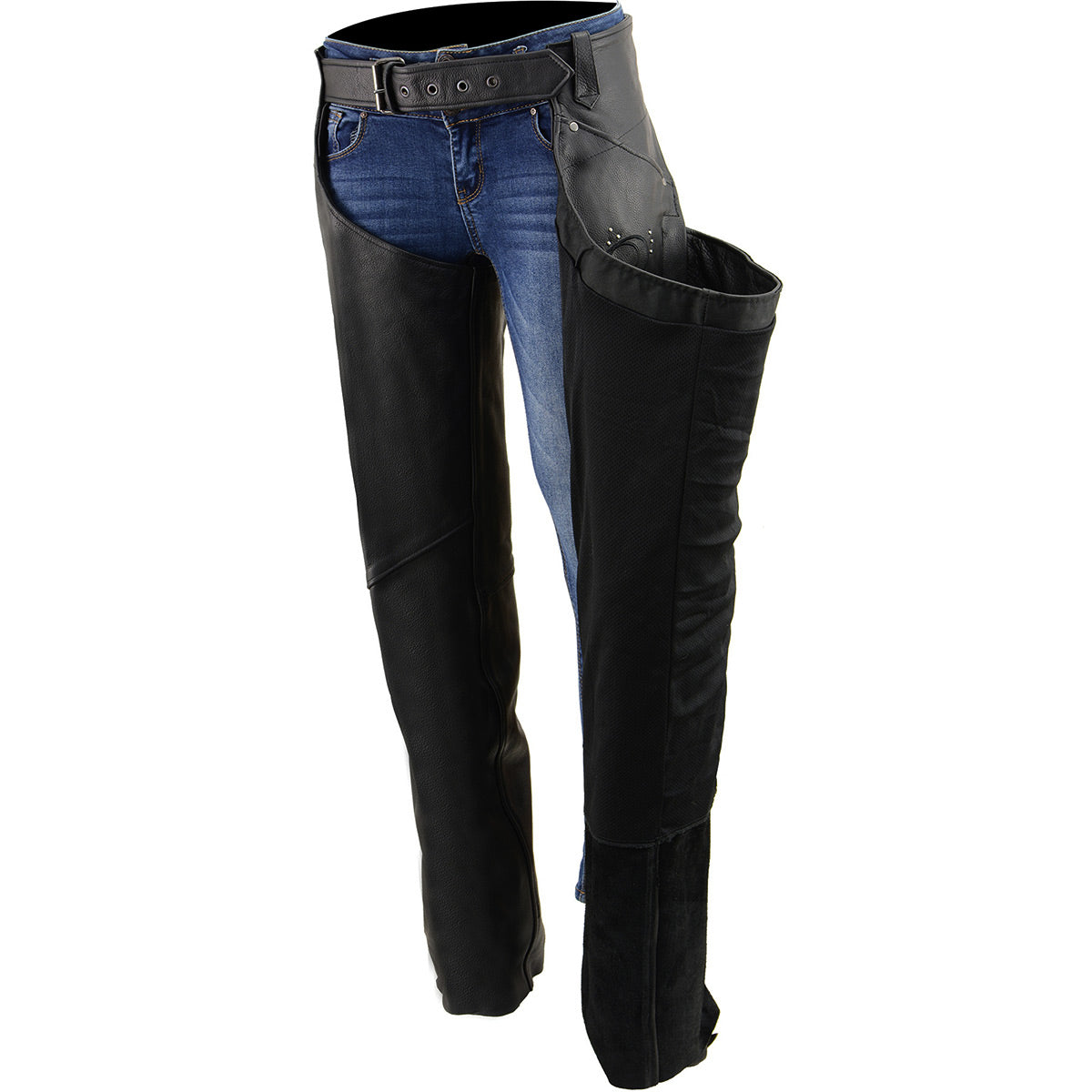 Milwaukee Leather Chaps for Women Black Naked Skin- Classic Black Color Wing Embroidery Motorcycle Chap- ML1179