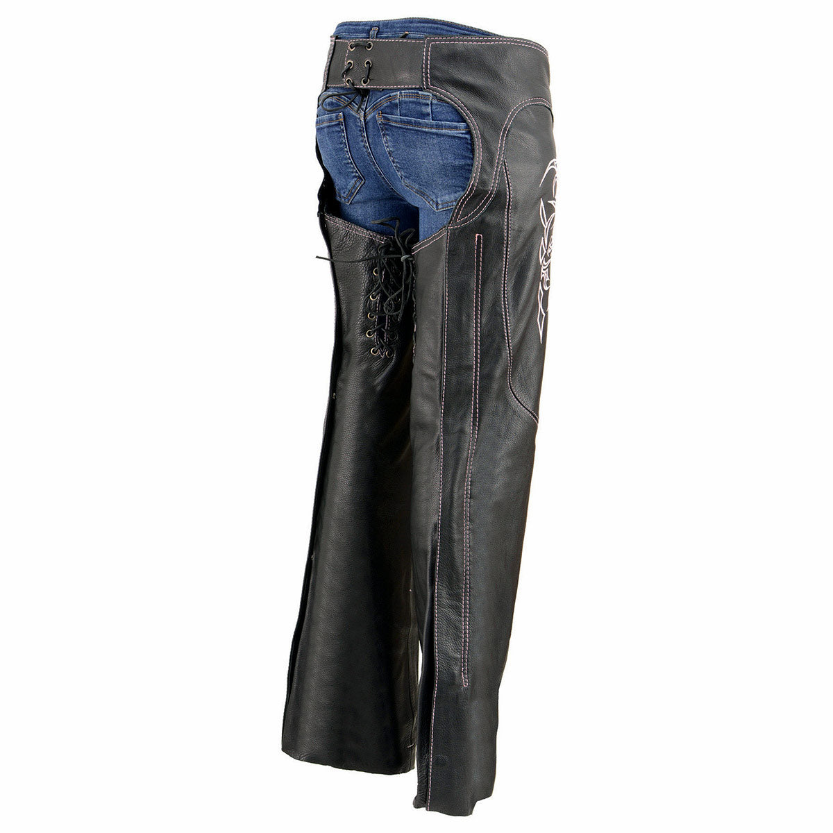 Milwaukee Leather Chaps for Women Black Low-Rise Waist- Double Buckle Reflective Embroidery Motorcycle Chap- ML1187