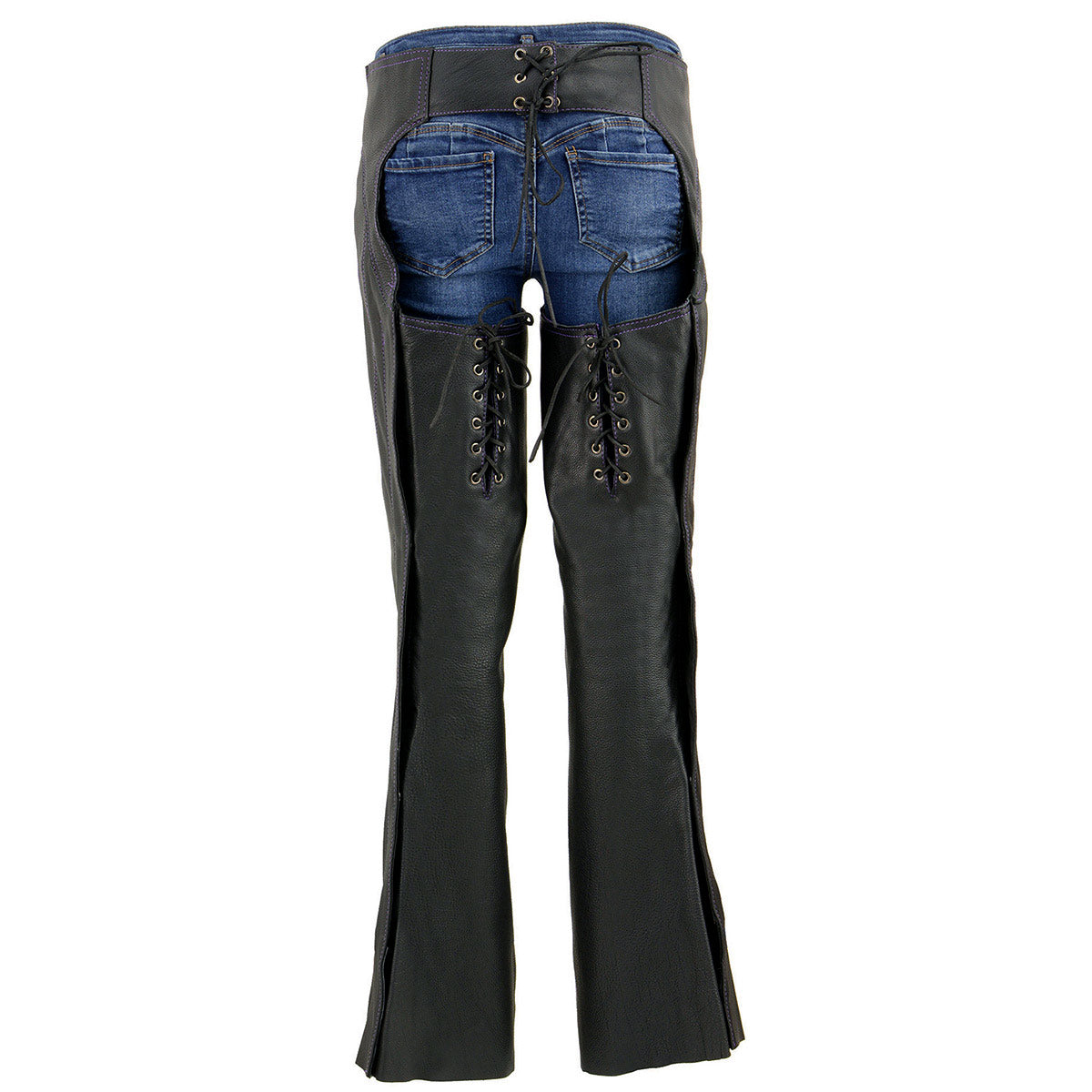 Milwaukee Leather Chaps for Women Black and Purple Low-Rise Waist- Double Buckle Reflective Embroidery Motorcycle Chap- ML1187