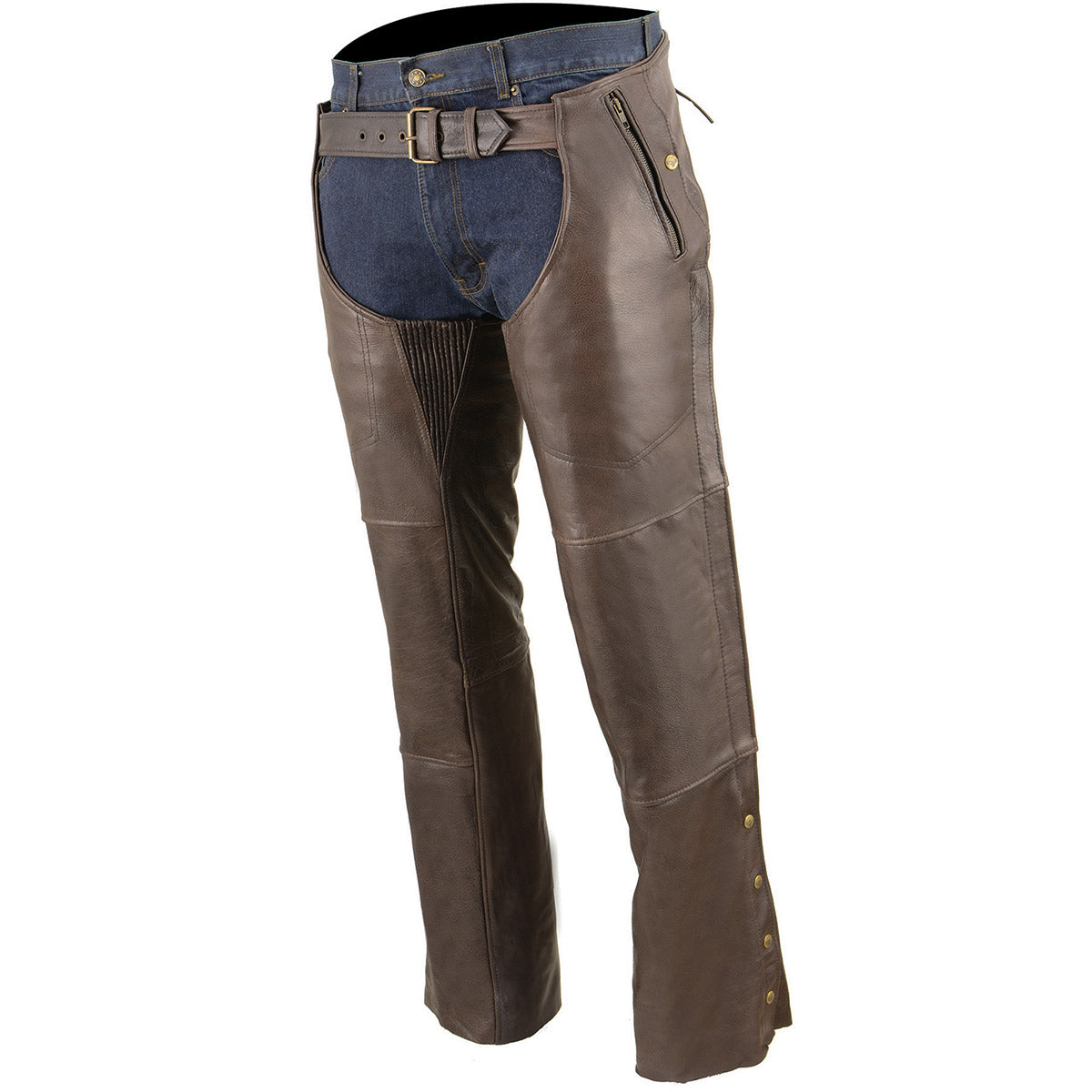 Milwaukee Leather Chaps for Men's Retro Brown Naked Leather - Snap Out Thermal 4-Pockets Motorcycle Chap - ML1191RT