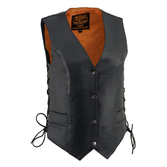 Milwaukee Leather ML1254 Women's Black Premium Leather Side Lace Motorcycle Rider Vest w/ Milwaukee Leather Logo Snaps Closure