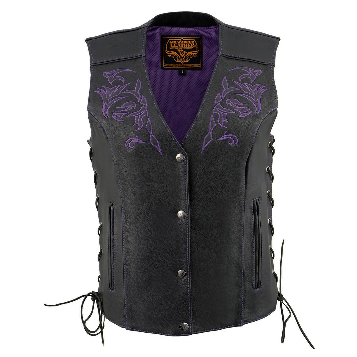 Milwaukee Leather ML1296 Women's Black Leather Side Lace Motorcycle Rider Vest- Reflective Piping and Purple Skulls