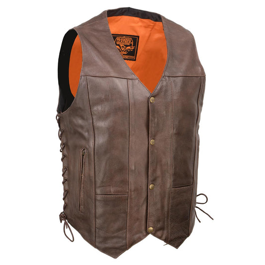 Milwaukee Leather ML1391RT Men's Retro Brown 10 Pocket Motorcycle Rider Leather Vest w/ Side Lace