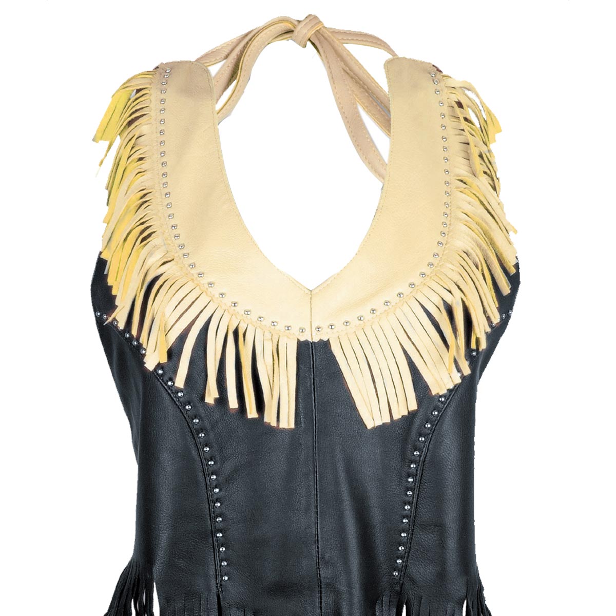 Genuine Leather ML1898 Ladies ‘Fringed’ Two Tone Black and Beige Leather Halter Top