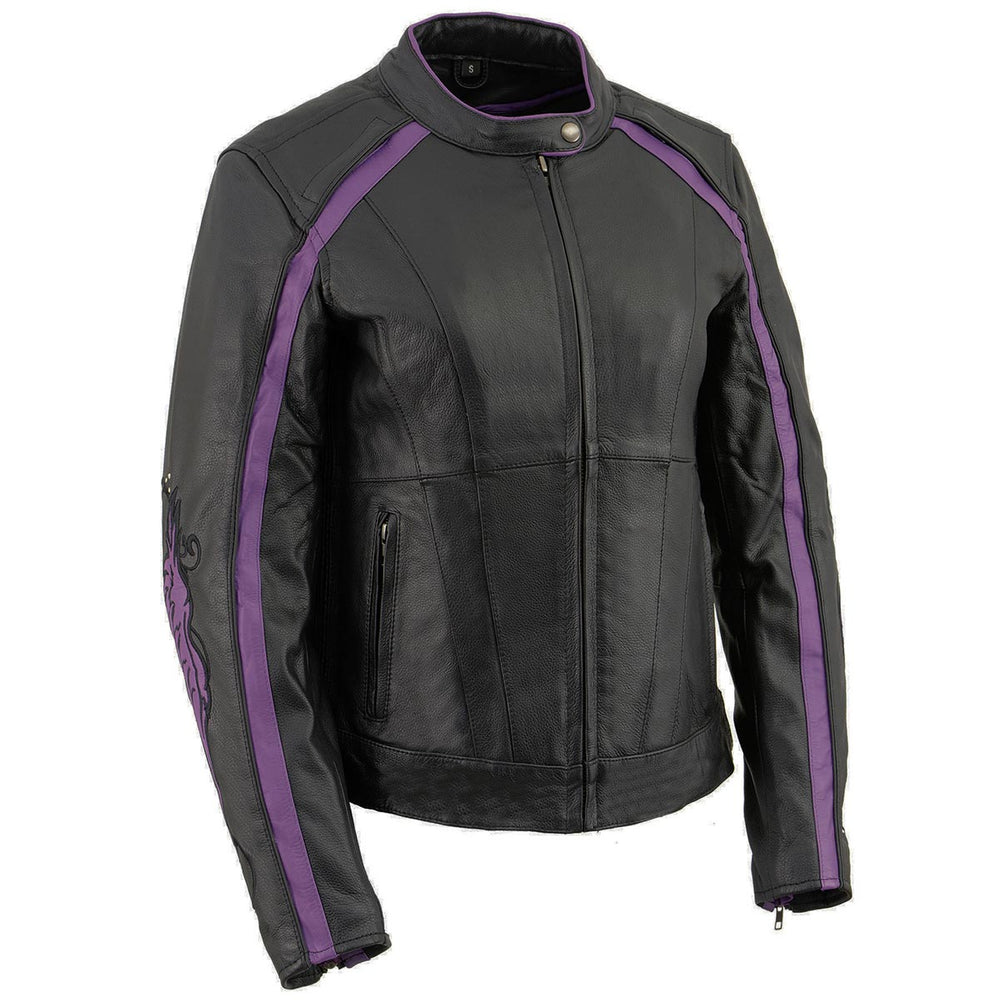 Milwaukee Leather X1952 Ladies Black and Purple Embroidered and Stud Design Jacket