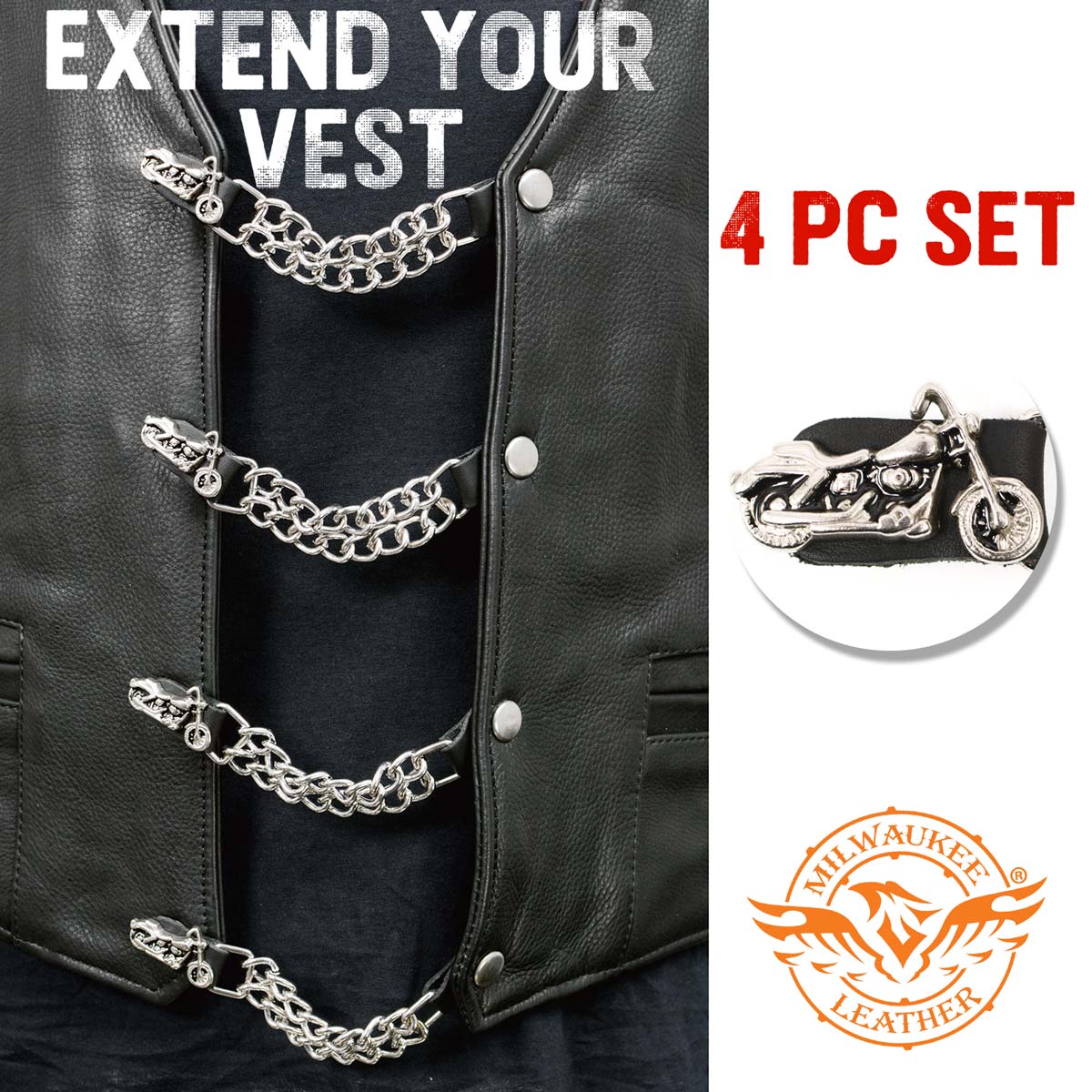 Milwaukee Leather Motorcycle Medallion Vest Extender - Double Chrome Chains Genuine Leather 6.5" Extension 4-PCS MLA6006SET