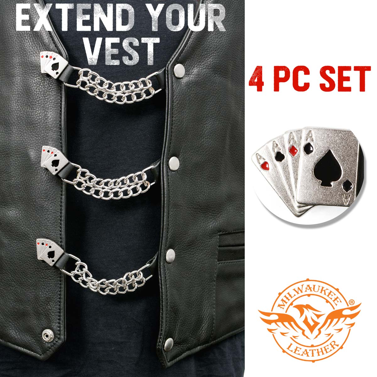 Milwaukee Leather 4 Aces Medallion Vest Extender - Double Chrome Chains Genuine Leather 6.5" Extension 4-PCS MLA6007SET