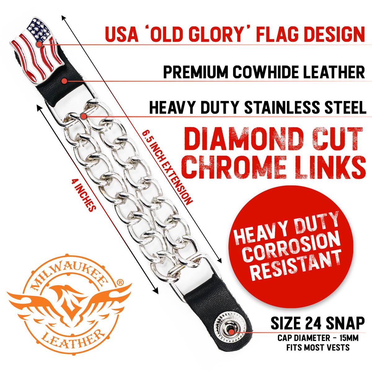 Milwaukee Leather American Flag Vest Extender - Double Chrome Chains Genuine Leather 6.5" Extension 4-PCS MLA6008SET
