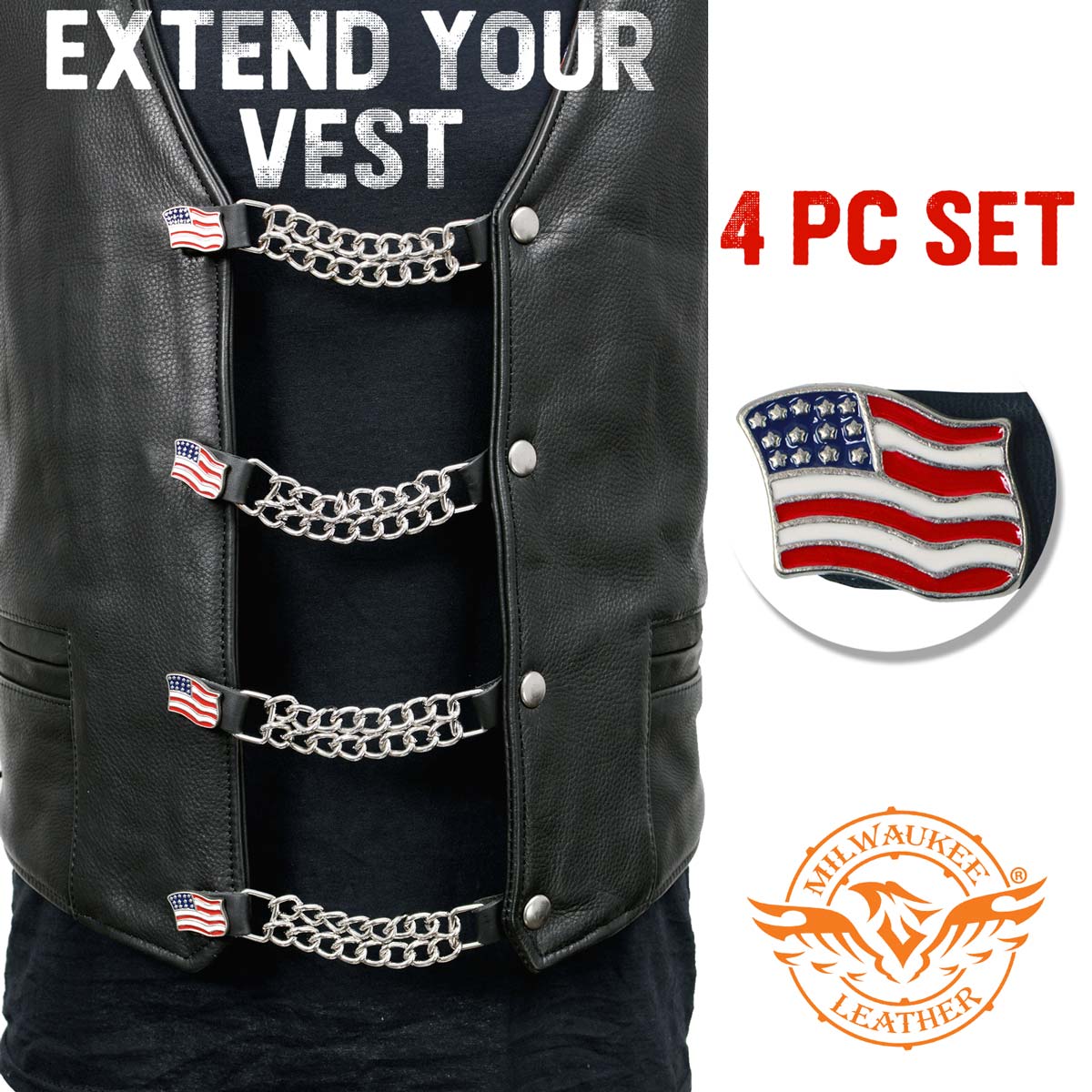 Milwaukee Leather American Flag Vest Extender - Double Chrome Chains Genuine Leather 6.5" Extension 4-PCS MLA6008SET