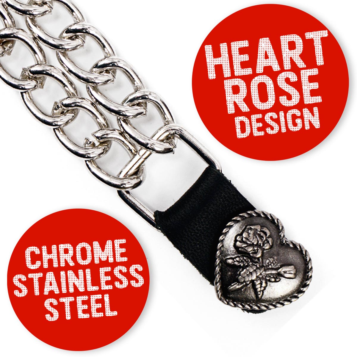Milwaukee Leather Heart Rose Medallion Vest Extender - Double Chrome Chains Genuine Leather 6.5" Extension 4-PCS MLA6013SET