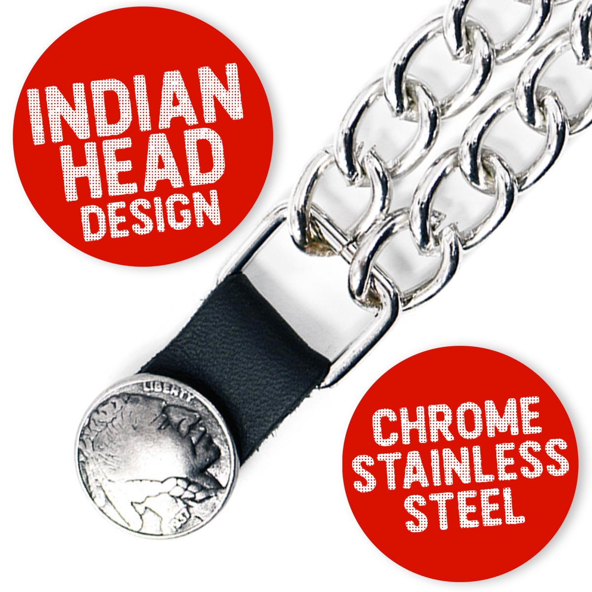 Milwaukee Leather Indian Head Medallion Vest Extender - Double Chrome Chains Genuine Leather 6.5" Extension 4-PCS MLA6014SET