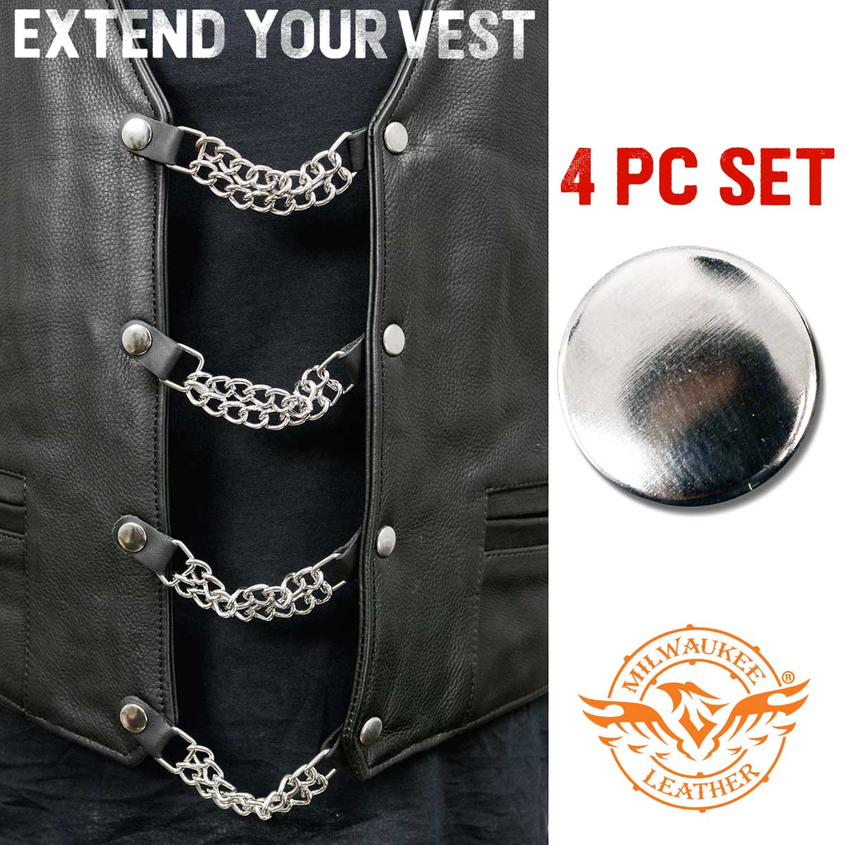 Milwaukee Leather Silver/Chrome Medallion Vest Extender - Double Chrome Chains Genuine Leather 6.5" Extension 4-PCS MLA6015SET
