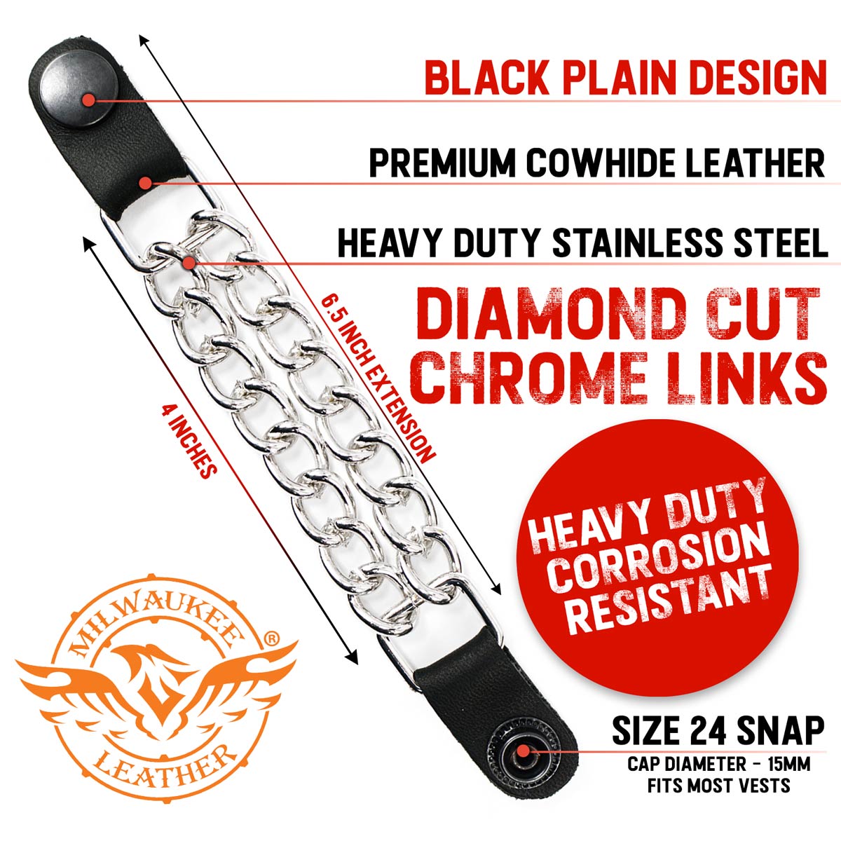 Milwaukee Leather Black Medallion Vest Extender - Double Chrome Chains Genuine Leather 6.5" Extension 4-PCS MLA6016SET
