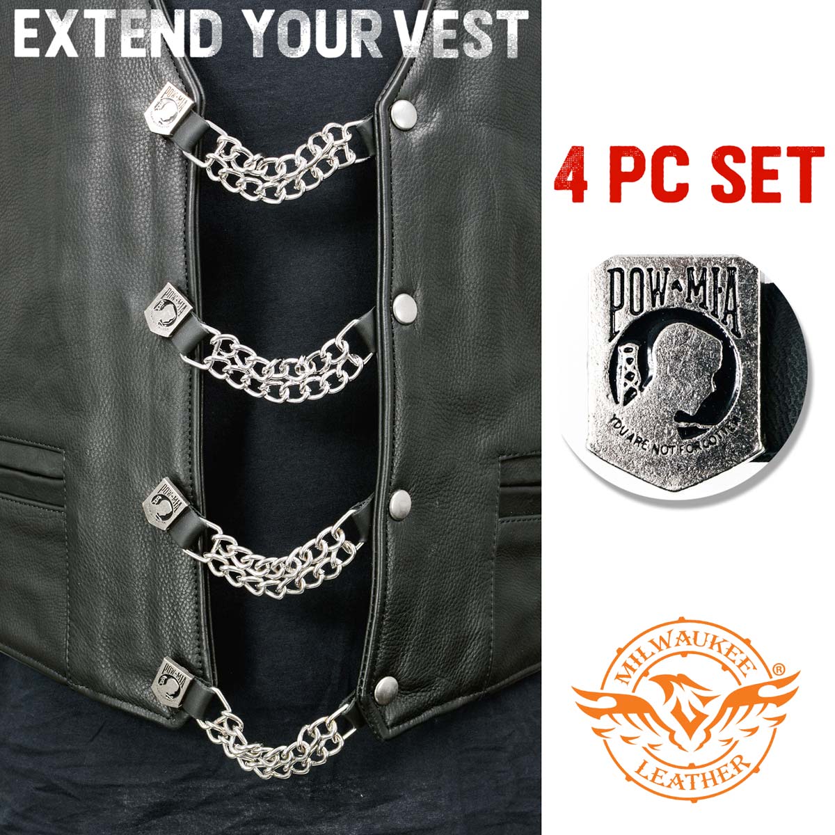 Milwaukee Leather POW/MIA Medallion Vest Extender - Double Chrome Chains Genuine Leather 6.5" Extension 4-PCS MLA6017SET