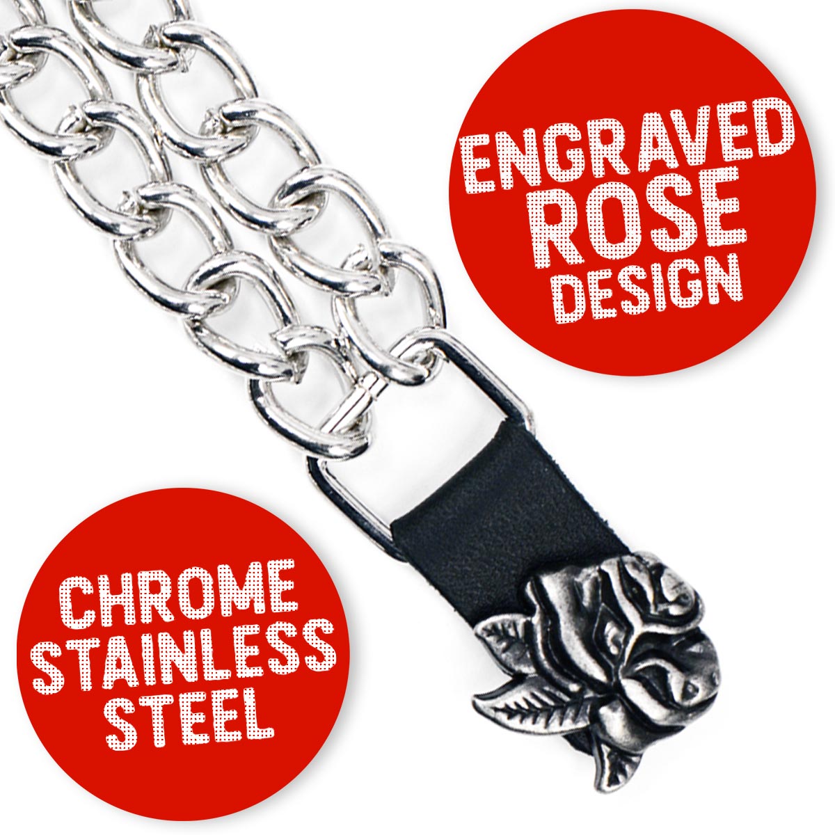Milwaukee Leather Rose Engraving Medallion Vest Extender - Double Chrome Chains Genuine Leather 6.5" Extension 4-PCS MLA6018SET