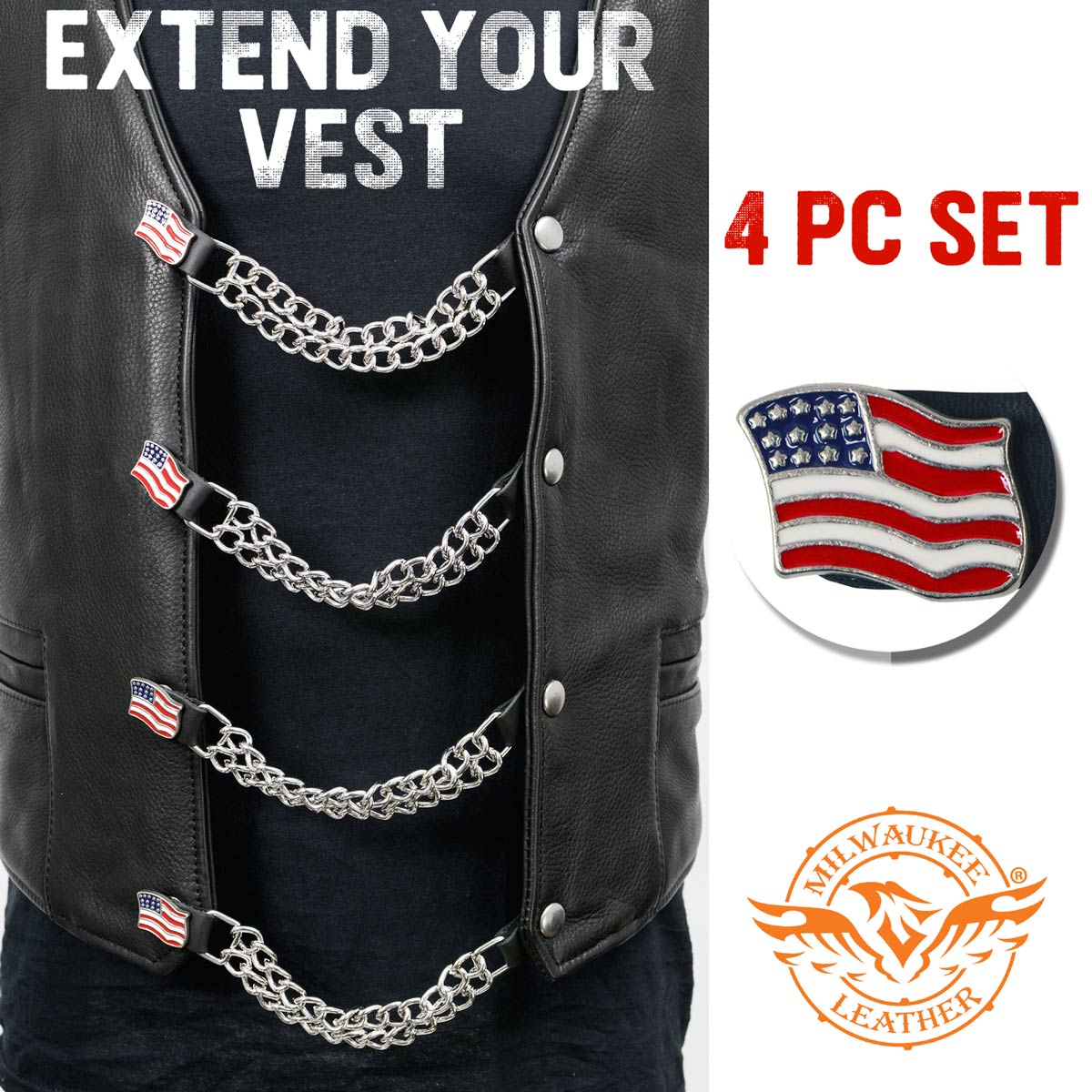 Milwaukee Leather American Flag Medallion Vest Extender - Double Chrome Chains Genuine Leather 8.5" Extension 4-PCS MLA6042SET