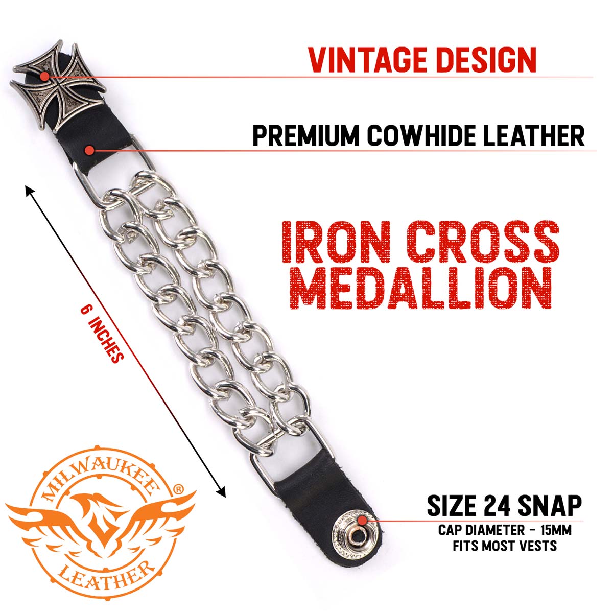 Milwaukee Leather MLA6045SET Iron Cross 4-PCS Vest Extender Double Chrome Chains w/ Genuine Leather 6" Extension