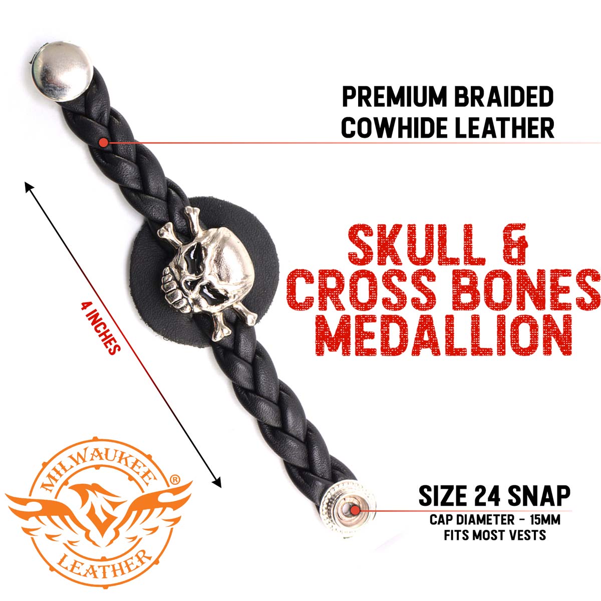 Milwaukee Leather MLA6061SET Skull and Cross Bones 4-PCS Vest Extender Double Chrome Chains w/ Genuine Braided Leather 4" Extension