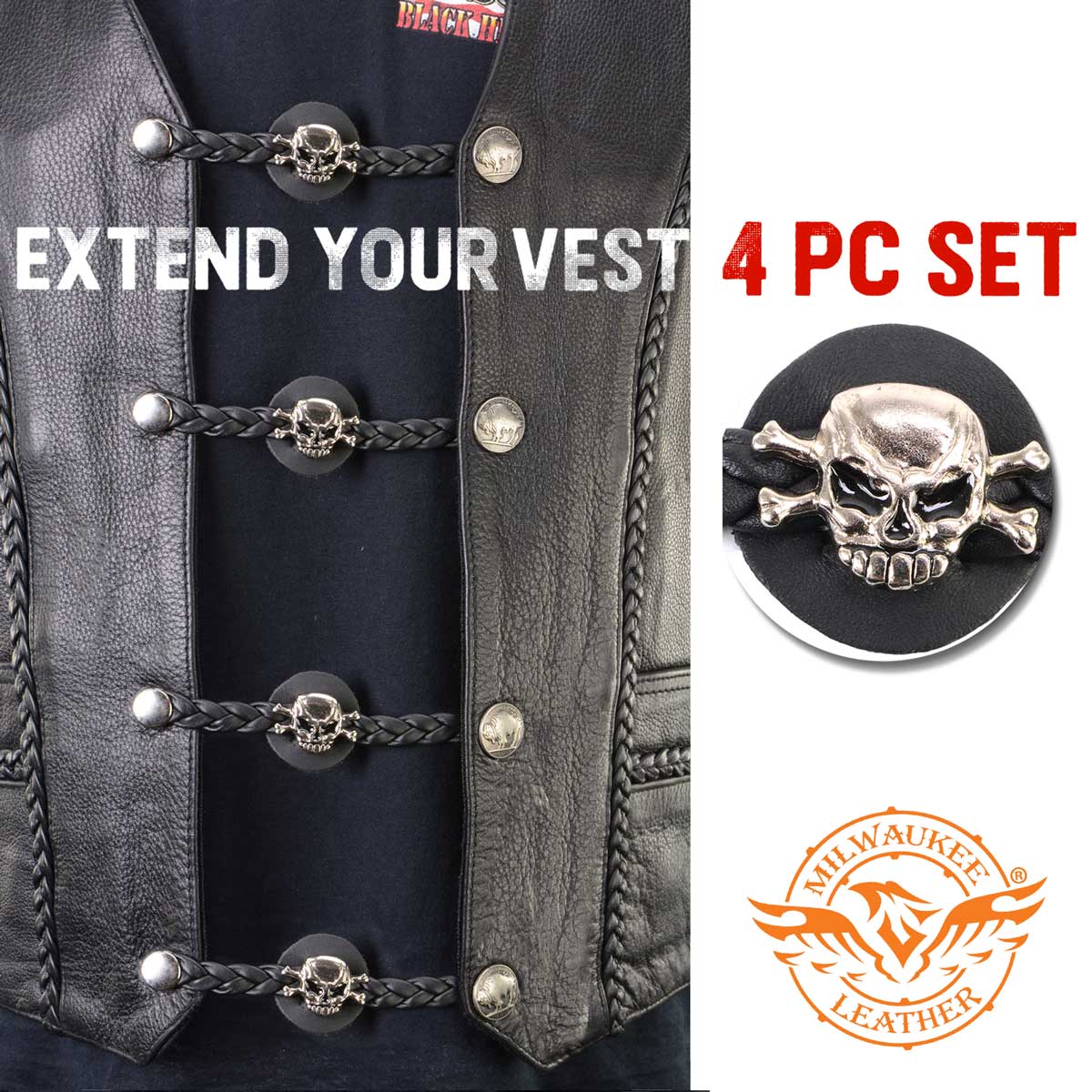 Milwaukee Leather MLA6061SET Skull and Cross Bones 4-PCS Vest Extender Double Chrome Chains w/ Genuine Braided Leather 4" Extension