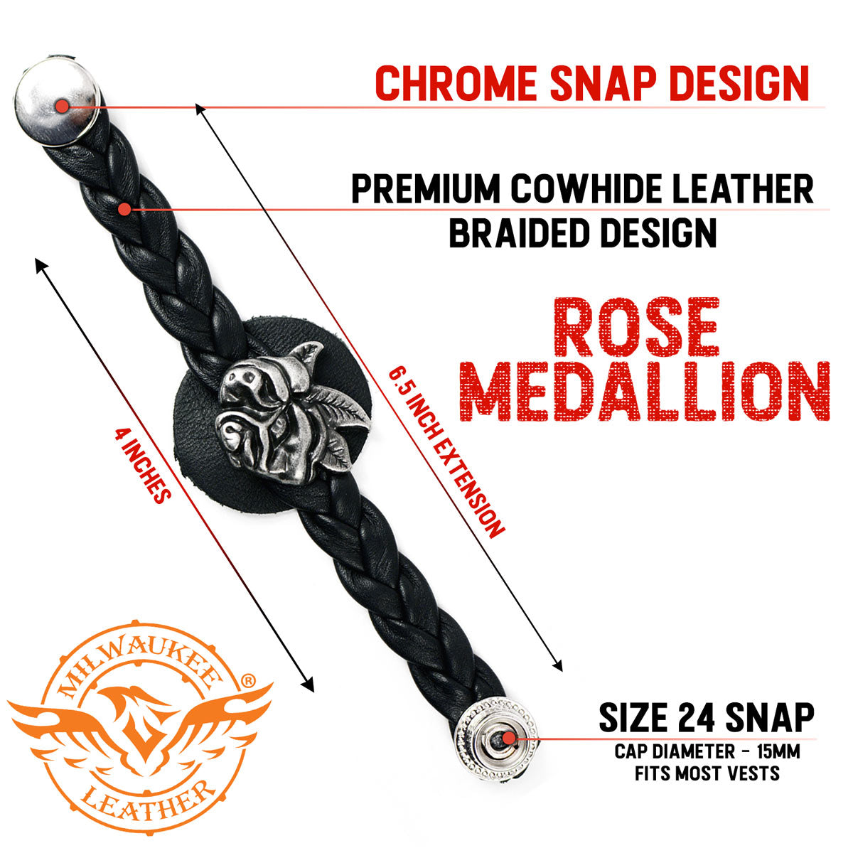 Milwaukee Leather Rose Medallion Vest Extender Genuine Leather Braided Strap 6.5" Extension 4-PCS MLA6065SET