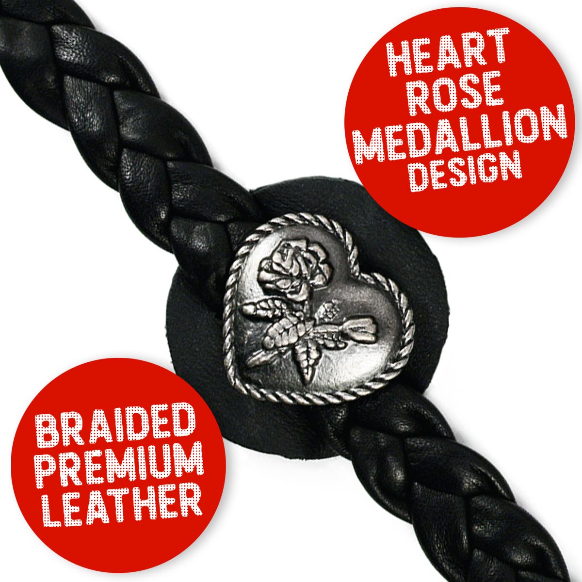 Milwaukee Leather Heart Medallion Vest Extender Genuine Leather Braided Strap 6.5" Extension 4-PCS MLA6067SET