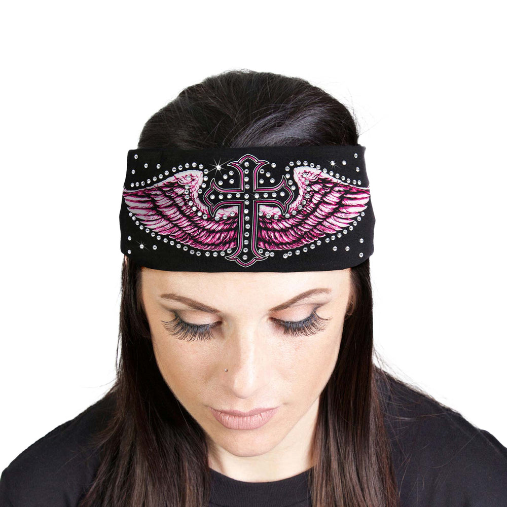 Milwaukee Leather | Bling Designed Wide Headbands-Headwraps for Women Biker Bandana with Cross Wings Alt - MLA8017