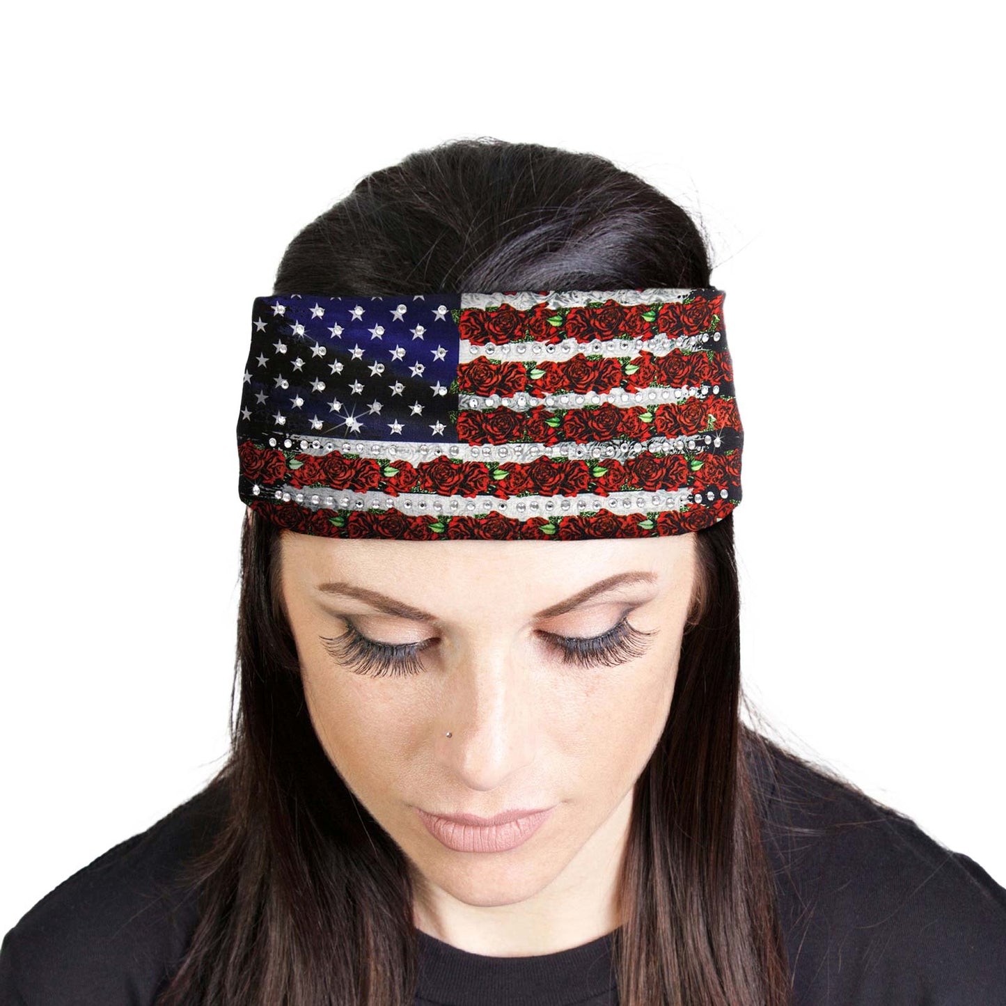 Milwaukee Leather | Bling Designed Wide Headbands-Headwraps for Women Biker Bandana with Flag Roses - MLA8021