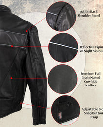 Milwaukee Leather USA MADE MLJKM5003 Men's Black Echo Premium Leather Motorcycle Jacket with Reflective Piping