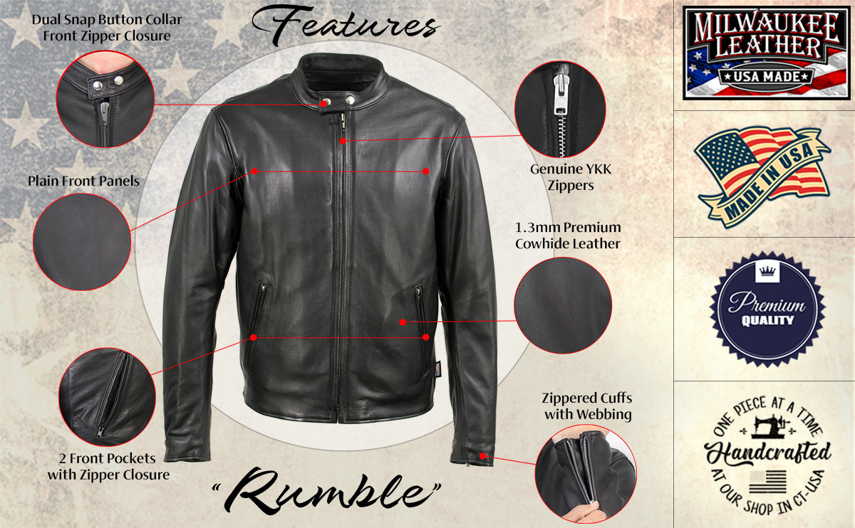 Milwaukee Leather USA MADE MLJKM5006 Men's Black Rumble Premium Leather Motorcycle Jacket