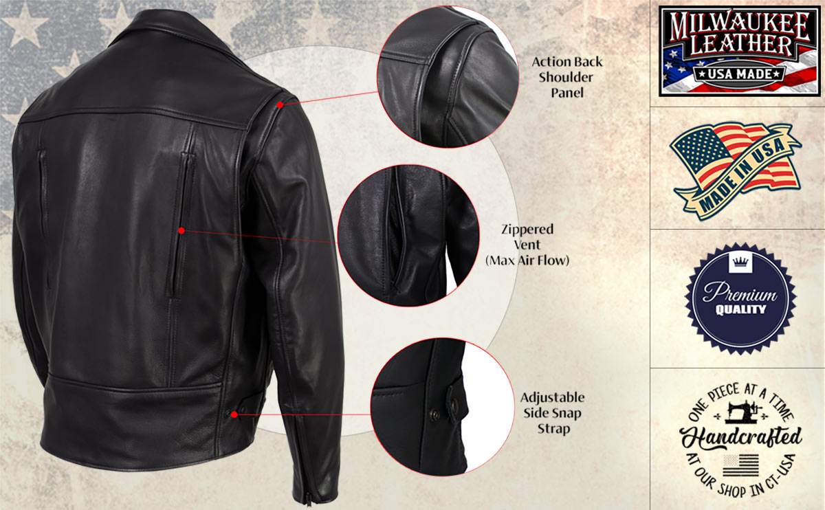 Milwaukee Leather USA MADE MLJKM5008 Men's Black 'Revolve' Premium Leather Vented Motorcycle Jacket
