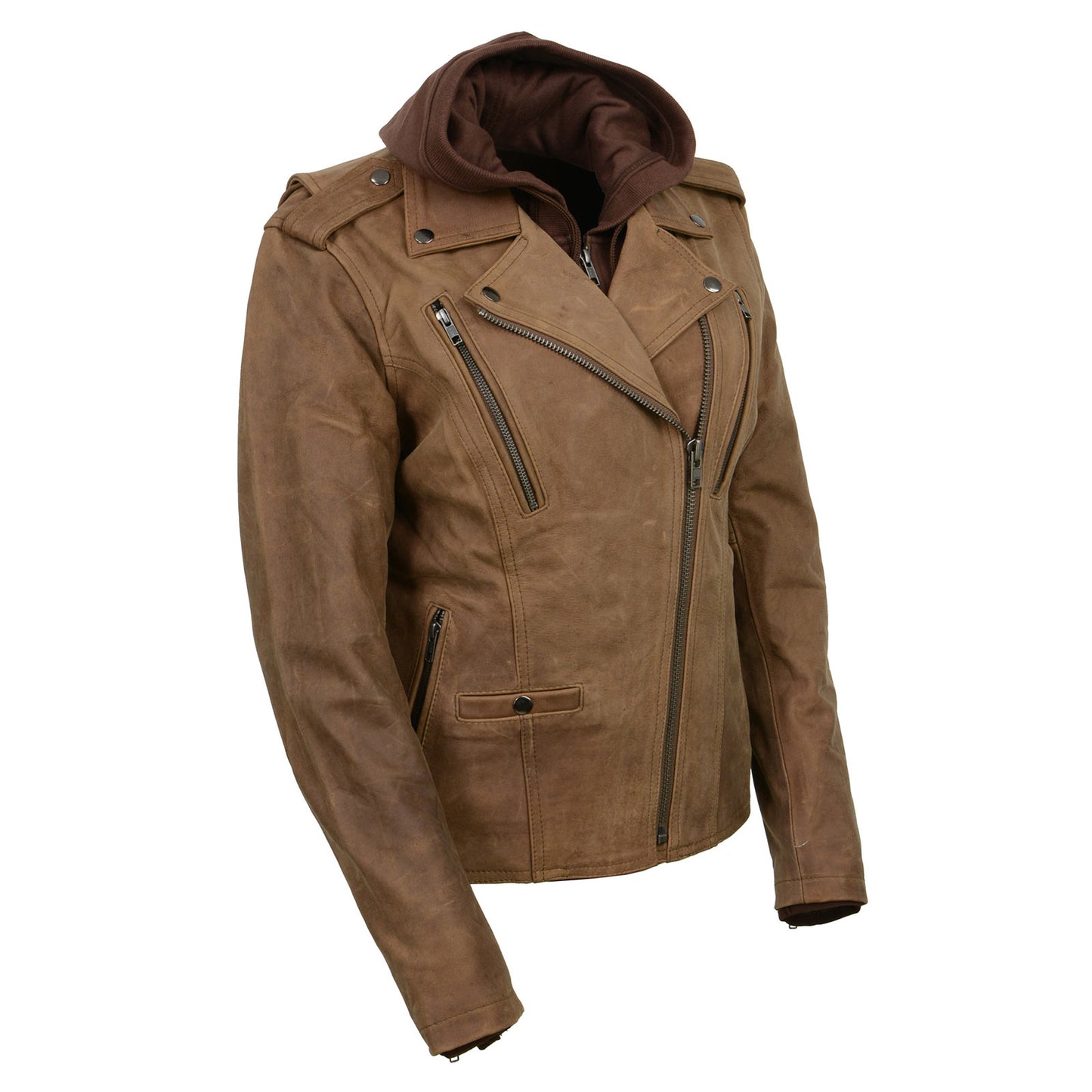 Milwaukee Leather MLL2511 Women's 'Damsel' Vintage Crazy Horse Brown Leather Jacket w/ Removable Hoodie