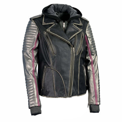 Milwaukee Leather MLL2515 Women's Black 'Hooded' Leather Rub-Off Jacket with Silver Sleeves