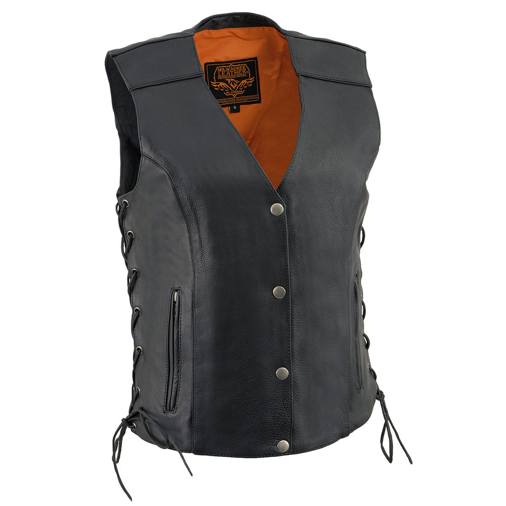 Milwaukee Leather MLL4500 Women's Classic Black Leather V-Neck Side Lace Motorcycle Rider Vest w/ Snap Closure